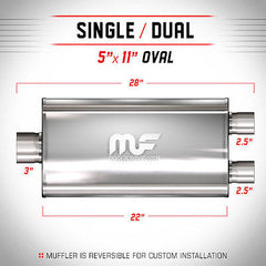 3- 2.5 Dual 5x11 Oval 22 Satin Stainless Universal Exhaust Muffler | MagnaFlow