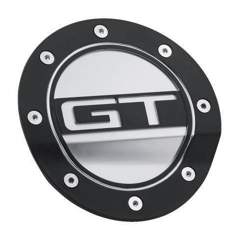 DRAKE Fuel Door (Black/Silver, feat. GT Logo) for Mustang 2015-23 | #FR3Z-6640526-GB - Available from NEMESISUK.COM